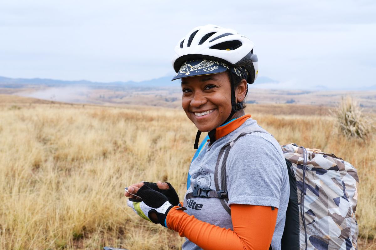 Devin Cowens and her bicycle